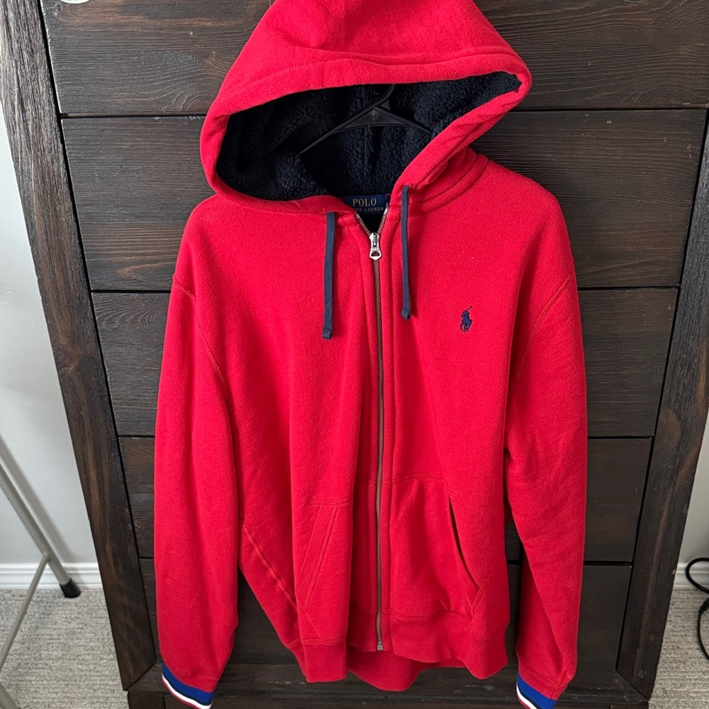 Polo Red Hoodie with Blue Accents